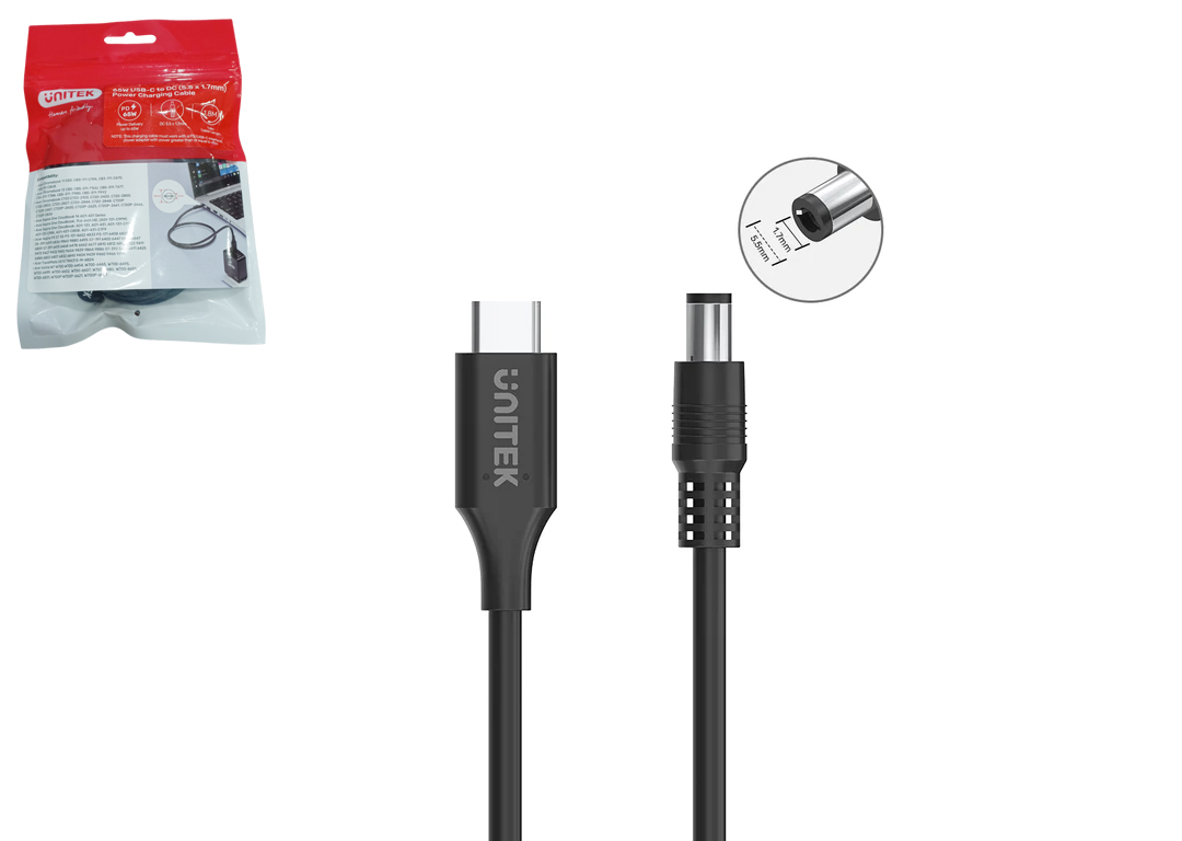 Cáp sạc USB C -> DC 65W jack 5.5x1.7mm UNITEK C14119BK