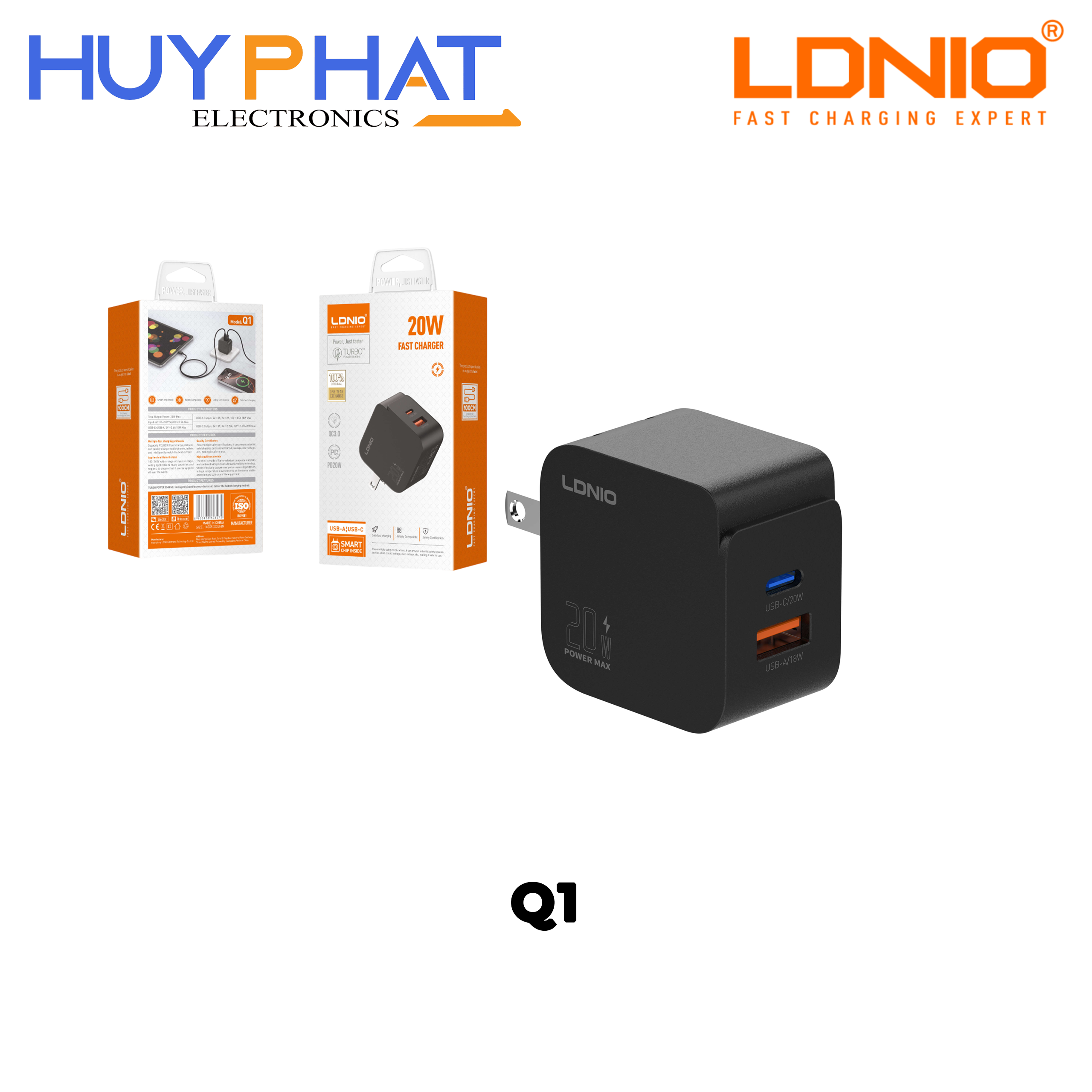 Cục sạc 20W USB/Type-C kèm cáp Type-C màu đen LDNIO Q1