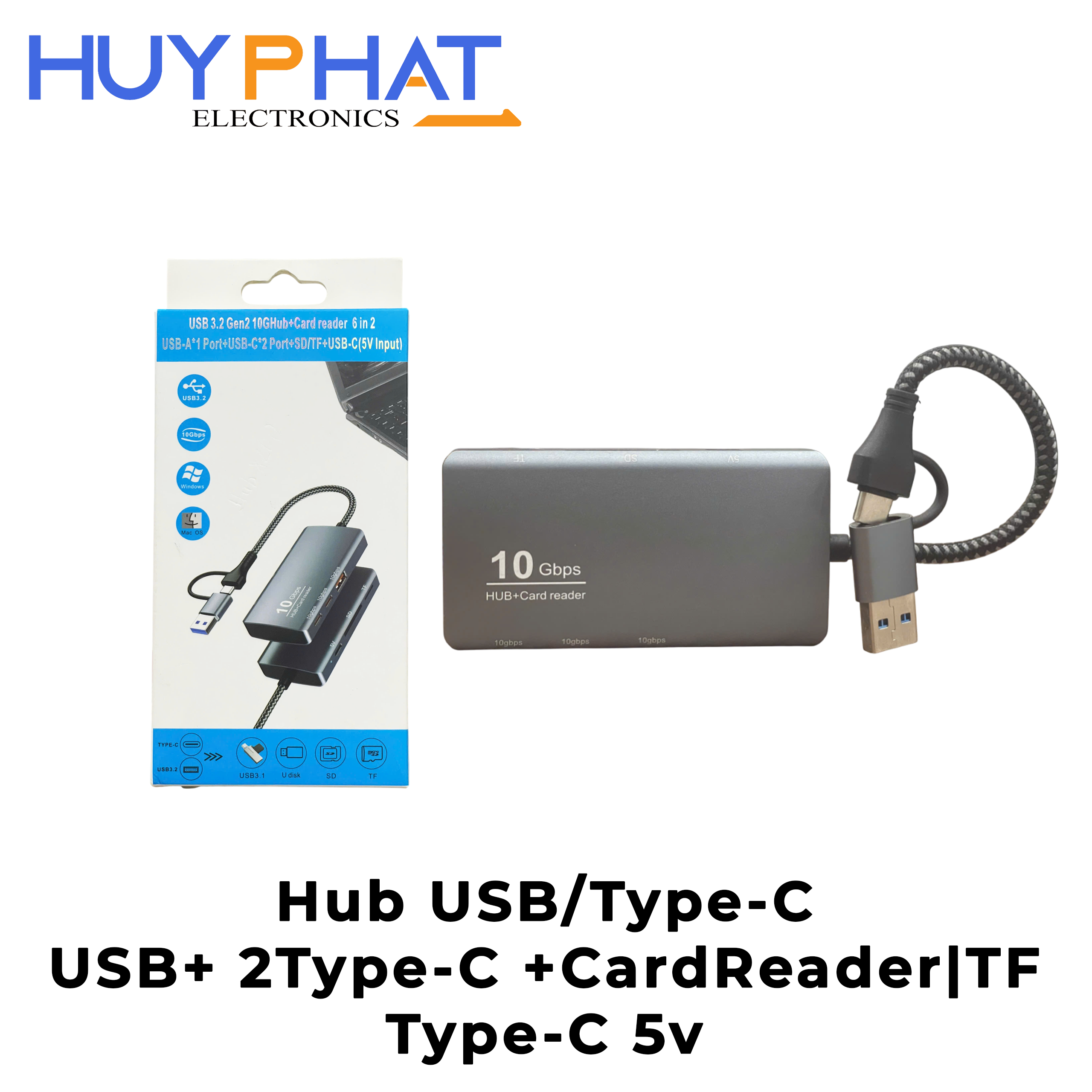 Hub USB | Type-C -> USB + 2 Type-C + TF|SD + nguồn Type-C 5V