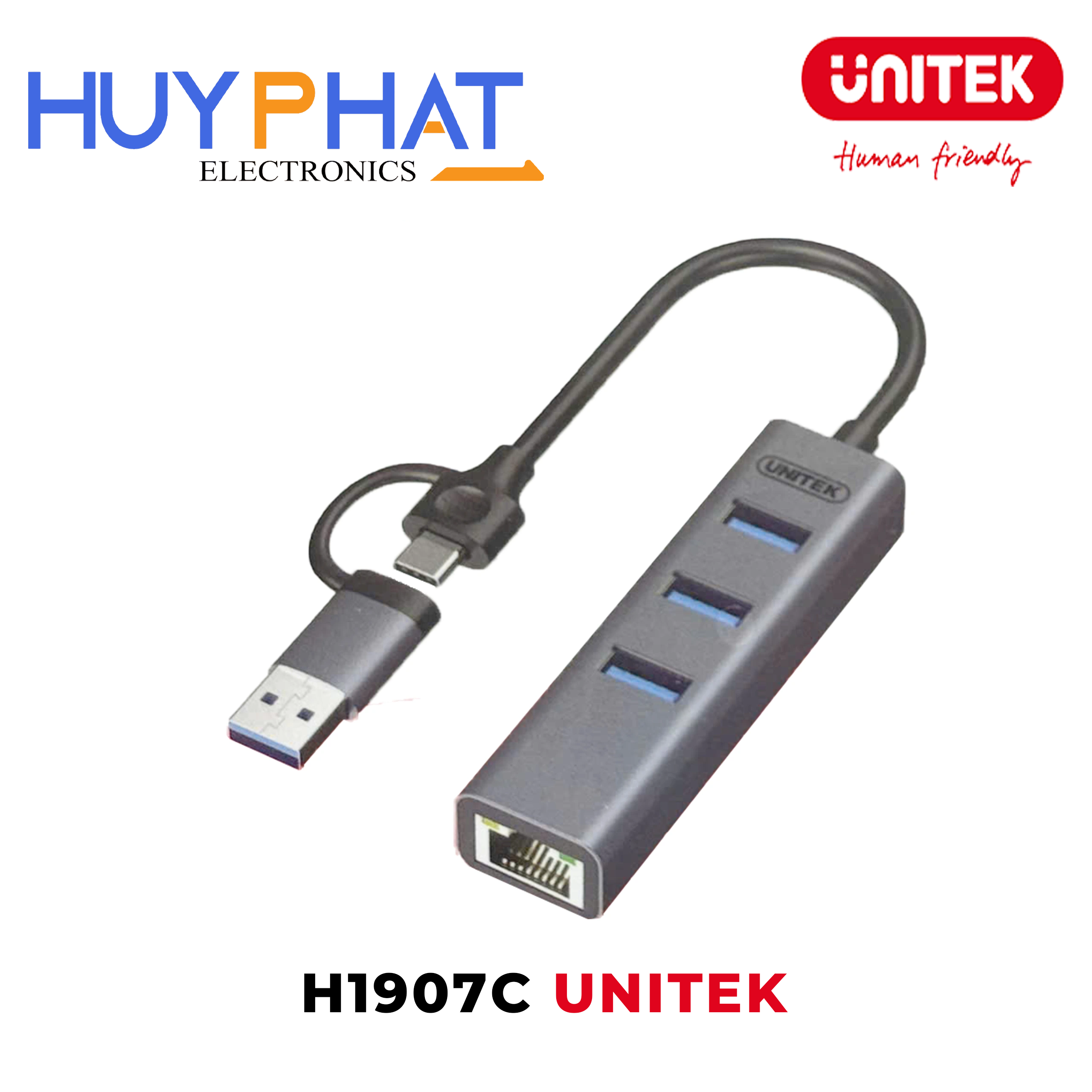 Hub chia USB/Type-C -> 3 cổng USB 3.0 và 1 cổng Lan Gigabit Ethernet 1000 UNITEK H1907C