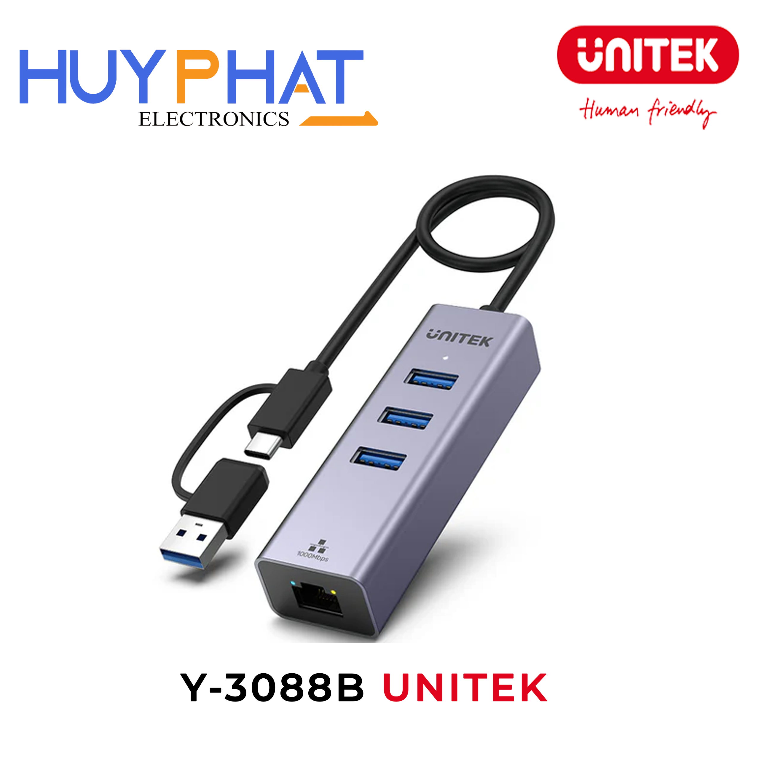 Bộ chuyển đổi 4 cổng USB/Type-C -> USB 3.0 + LAN UNITEK Y-3088B