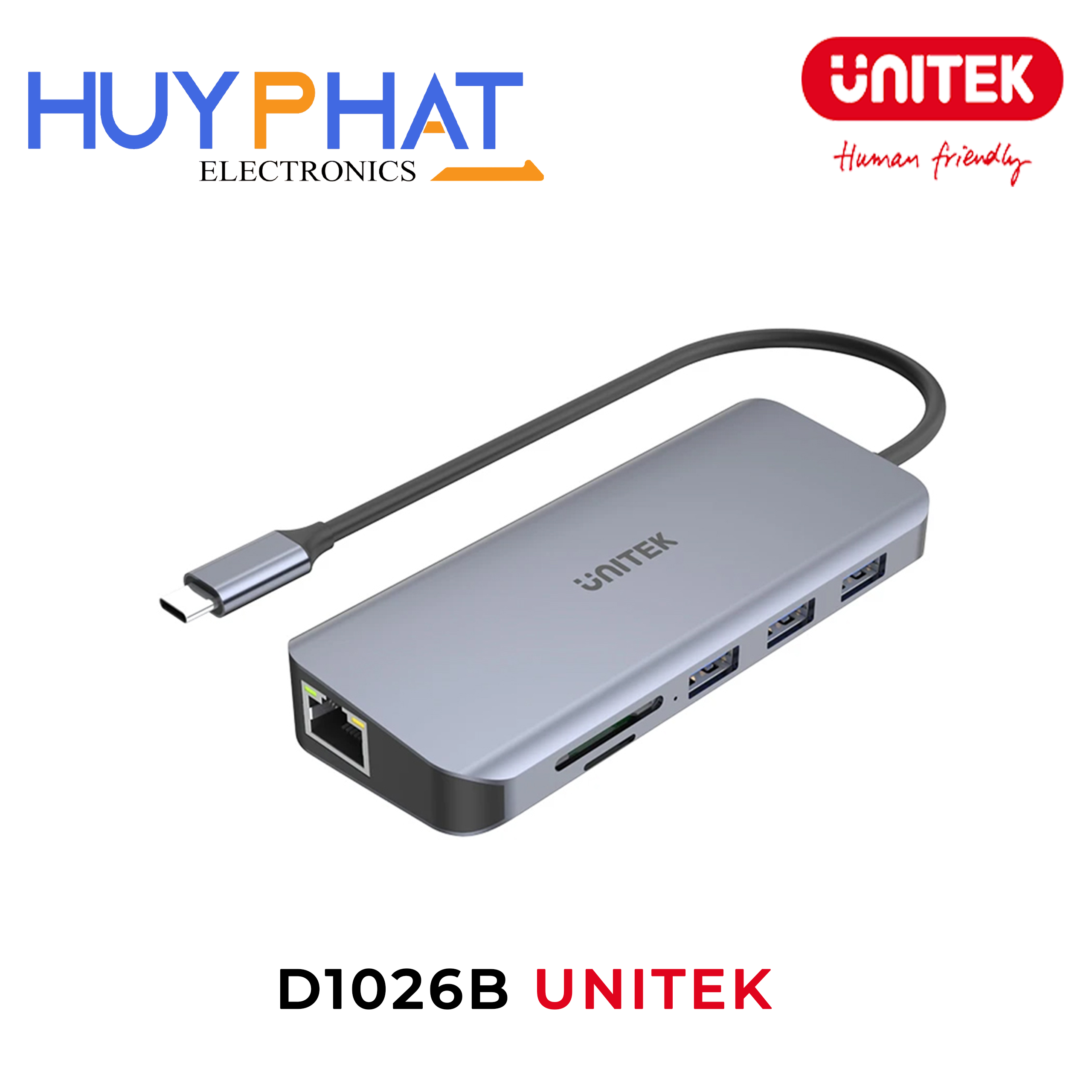 Bộ chuyển đổi 6 trong 1 Type-C -> USB-A + LAN + HDMI 4K@30Hz + VGA + CardReader + PD 100W UNITEK D1026B